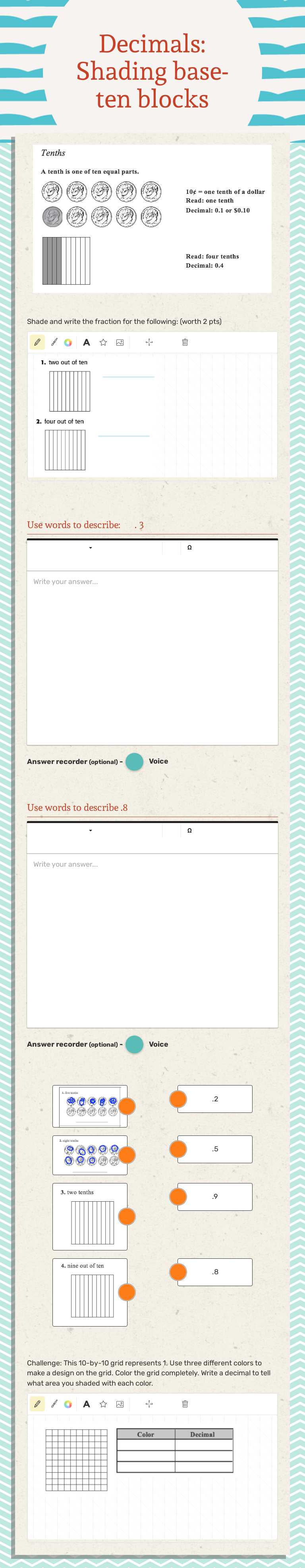 Decimals: Shading base-ten blocks worksheet preview image