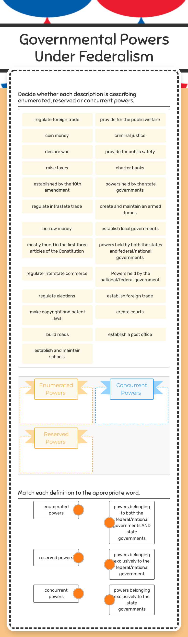 Governmental Powers Under Federalism worksheet preview image