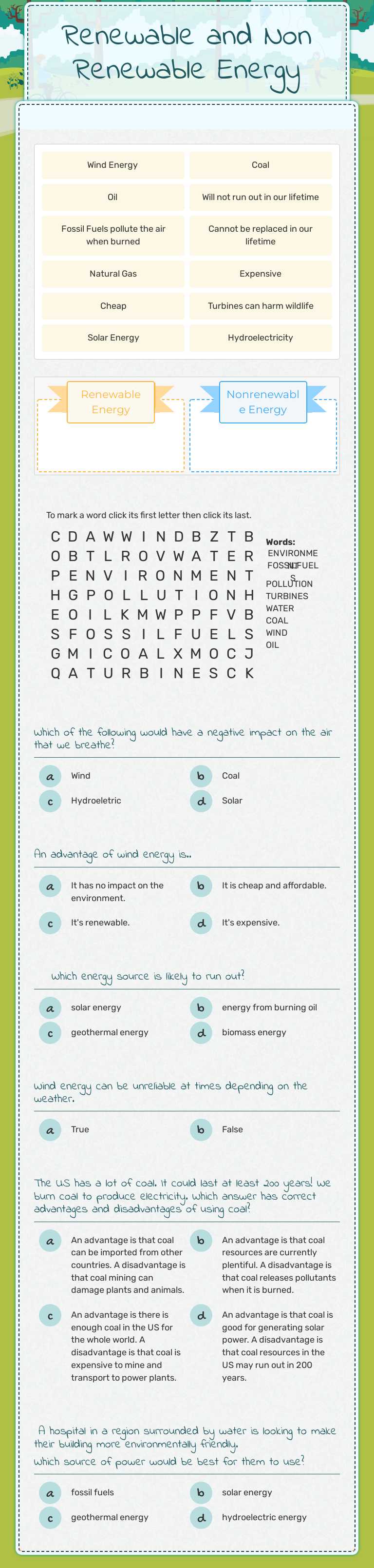 Renewable and Non Renewable Energy Grade 6 worksheet preview