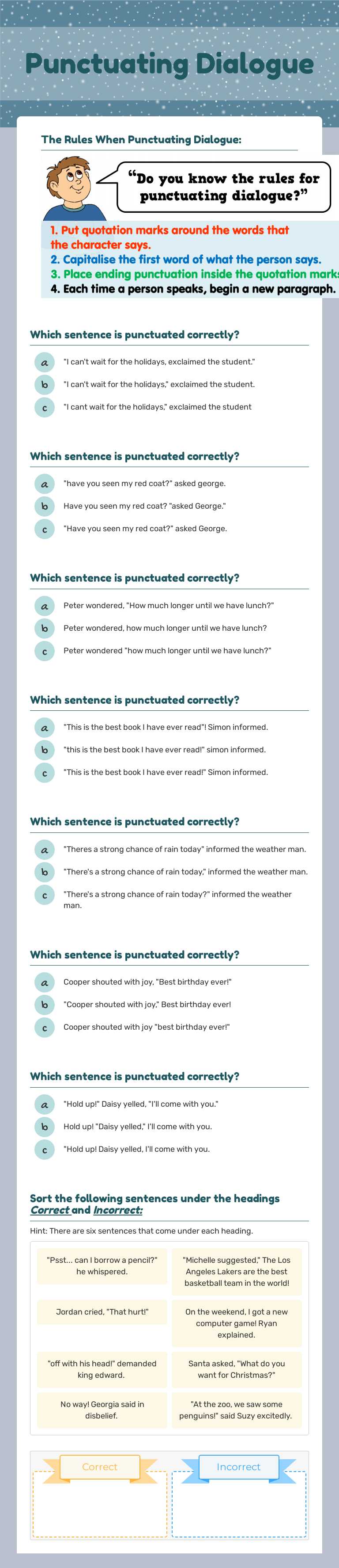 Punctuating Dialogue worksheet preview image