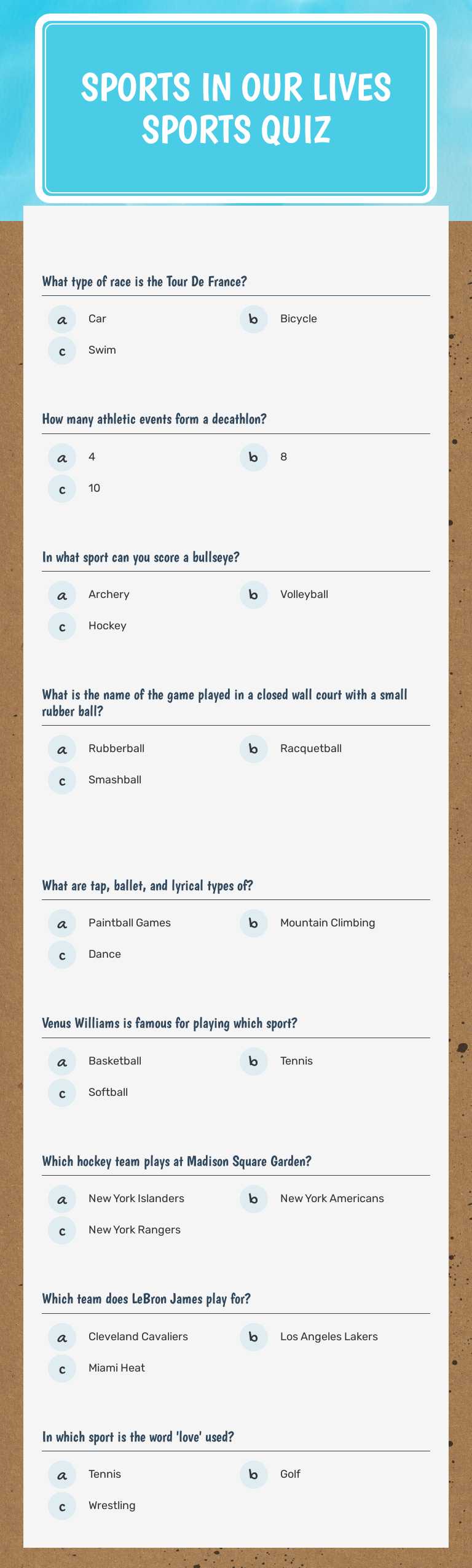 Sports In Our Lives
SPORTS QUIZ worksheet preview image