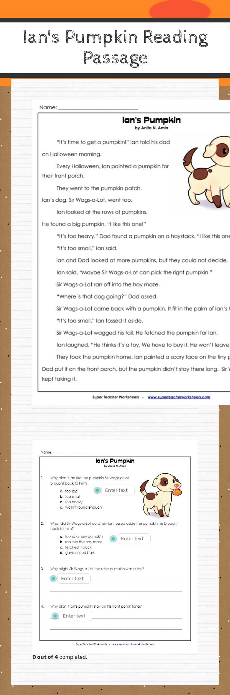 Ian's Pumpkin Reading Passage worksheet preview image