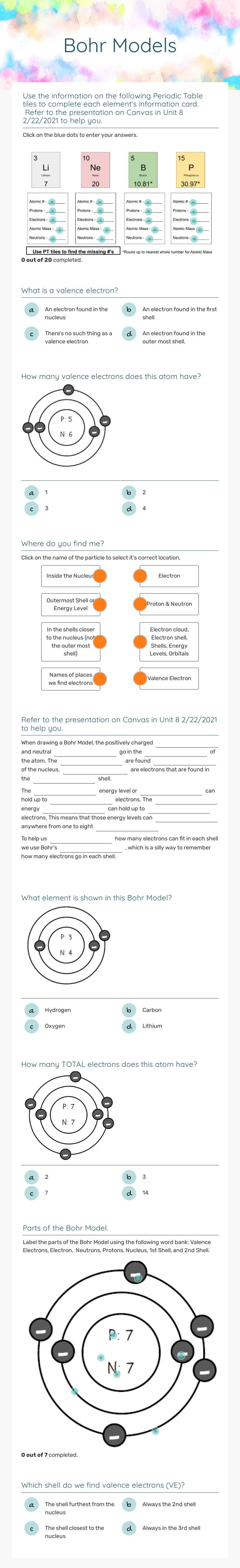 Bohr Models worksheet preview image