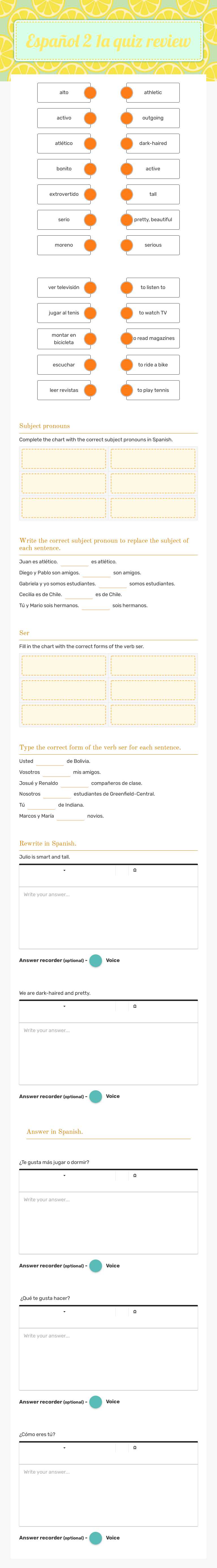 Español 2 1a quiz review worksheet preview image