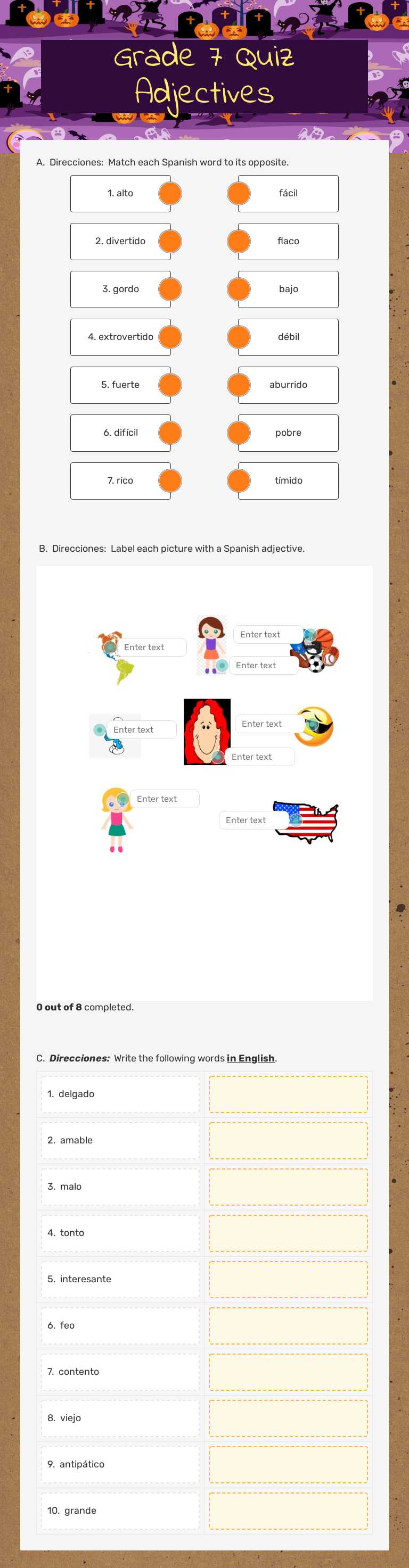 Grade 7 Quiz Adjectives Grade 7 worksheet preview