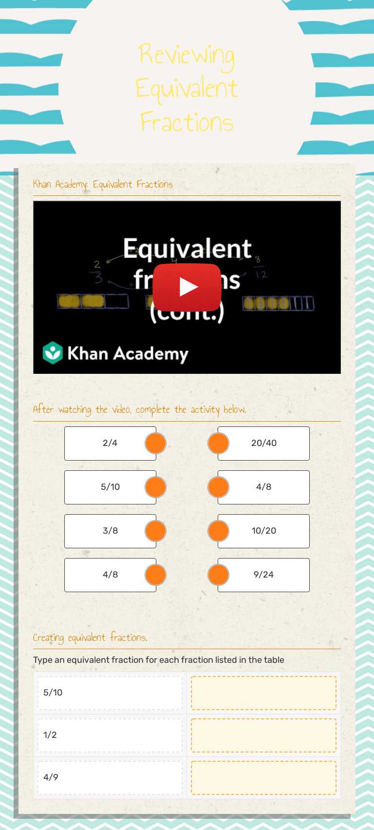 Reviewing Equivalent Fractions worksheet preview image