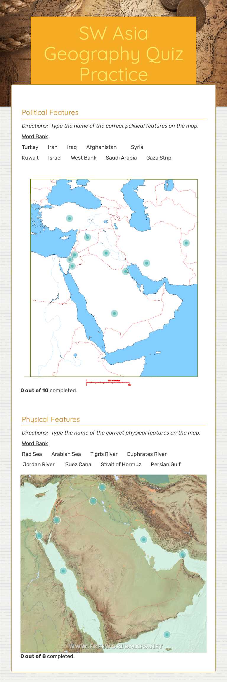 SW Asia Geography Quiz Practice worksheet preview image