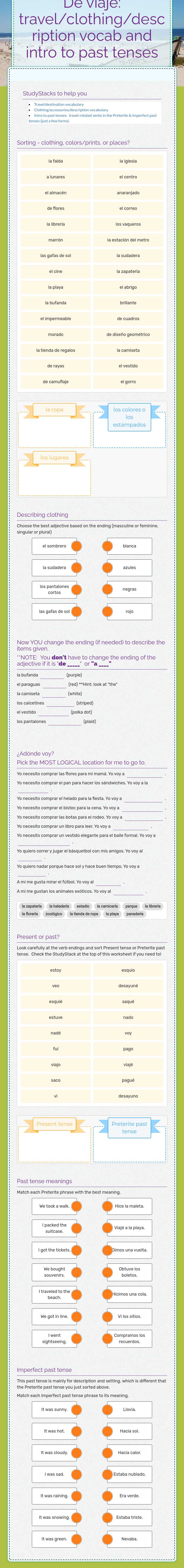 De viaje: travel/clothing/description vocab and intro to past tenses worksheet preview image