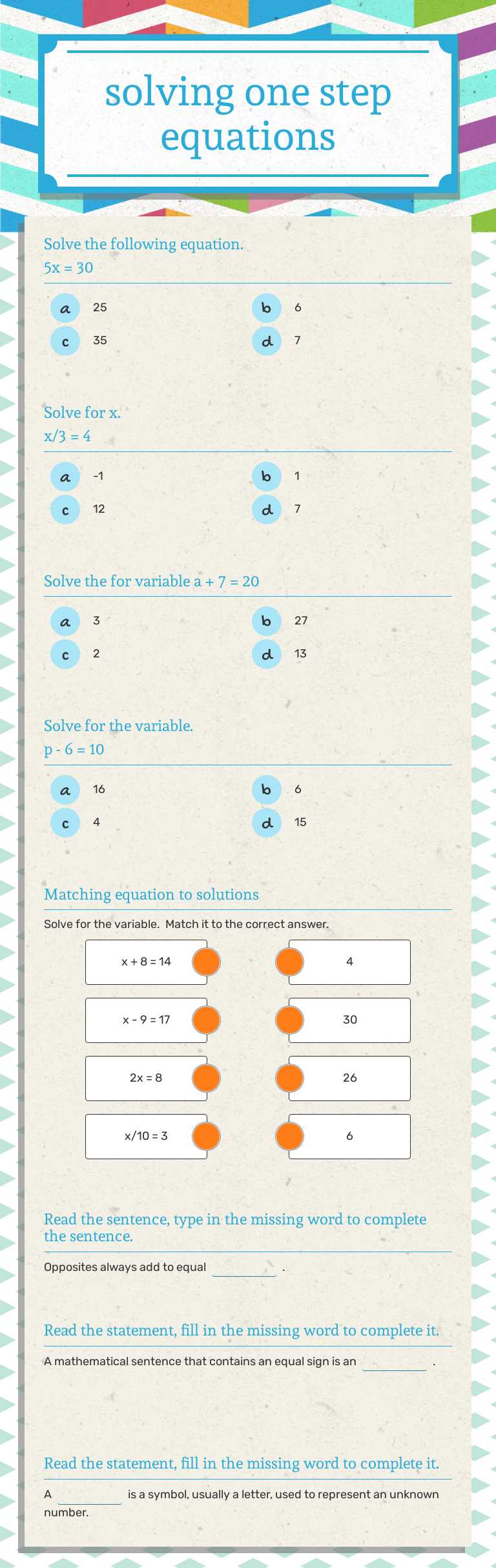 solving one step equations worksheet preview image