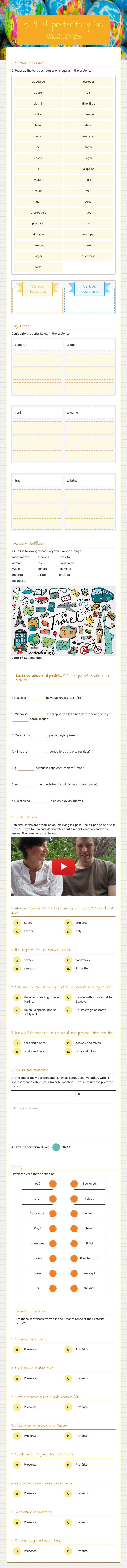 p. 4 el pretérito y        las vacaciones worksheet preview image