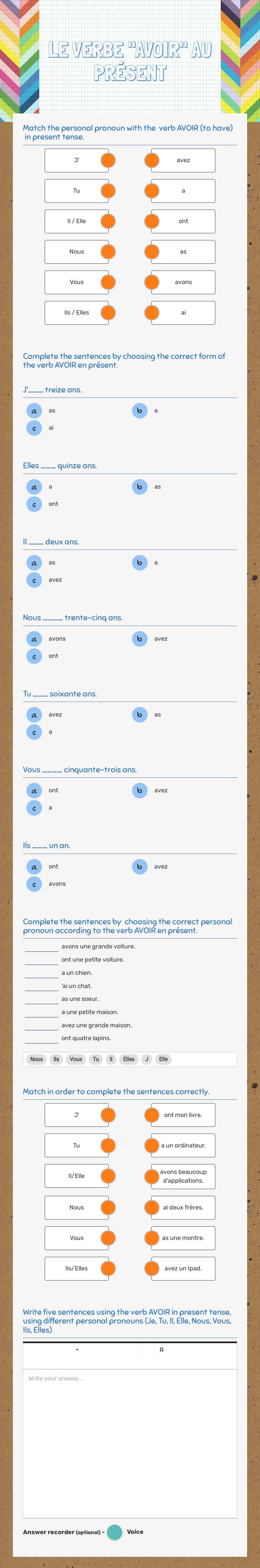 LE VERBE "AVOIR" AU PRÉSENT Grade 7 worksheet preview
