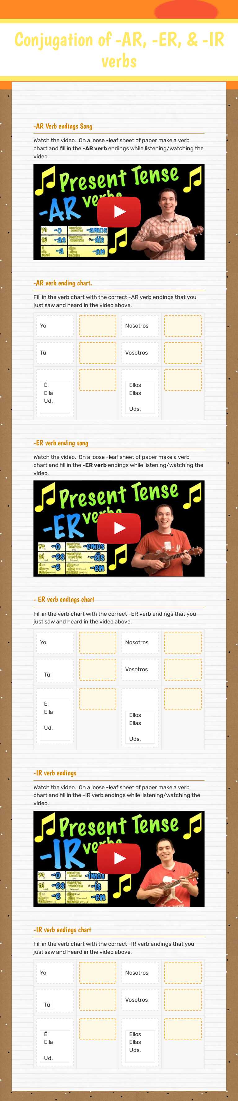 Conjugation of -AR, -ER, & -IR verbs worksheet preview image