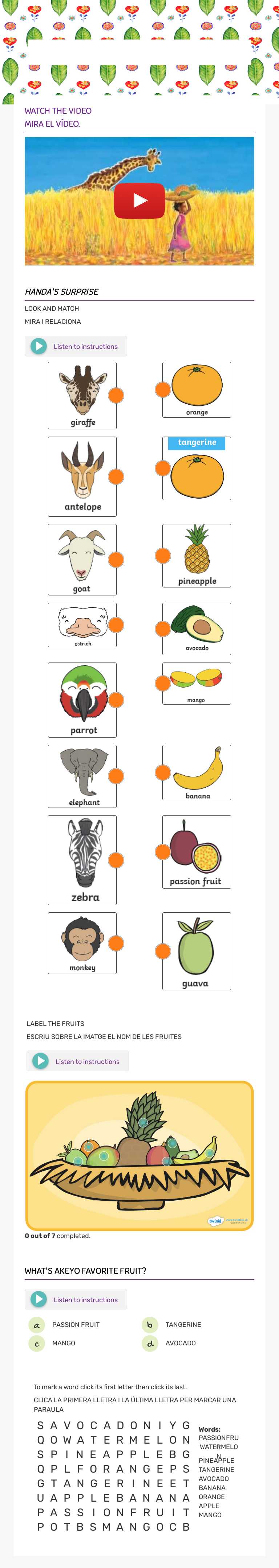 HANDA'S SURPRISE Grade 1 worksheet preview