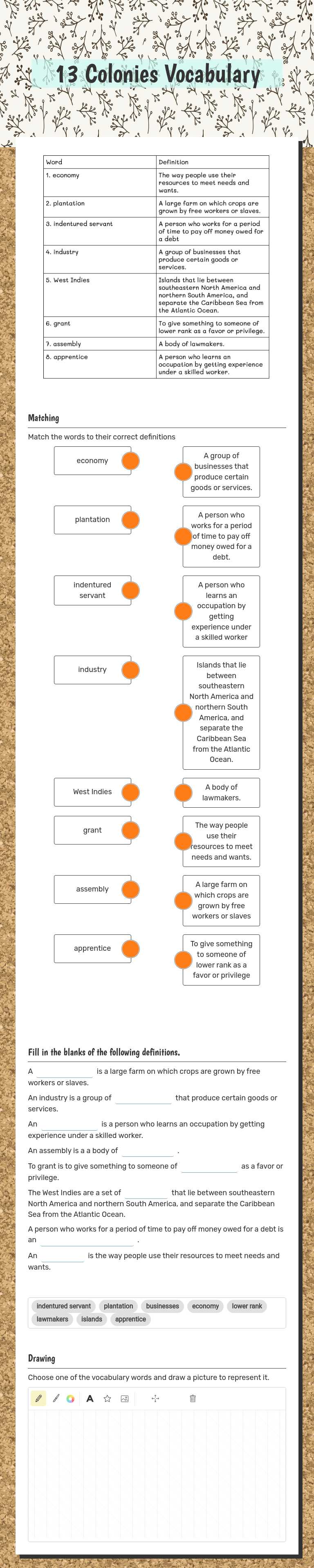 13 Colonies Vocabulary worksheet preview image