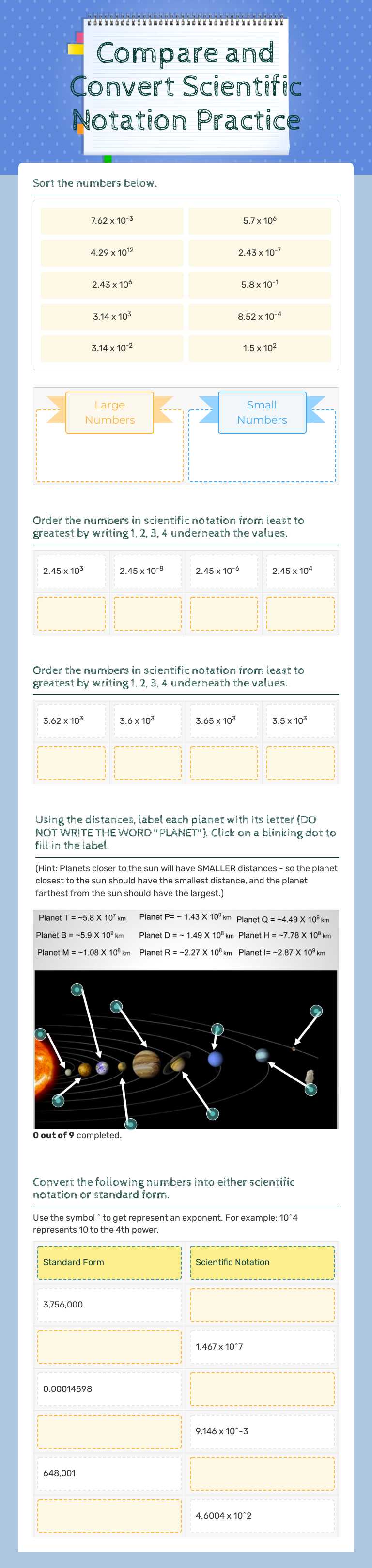 Compare and Convert Scientific Notation Practice Grade 8 worksheet preview