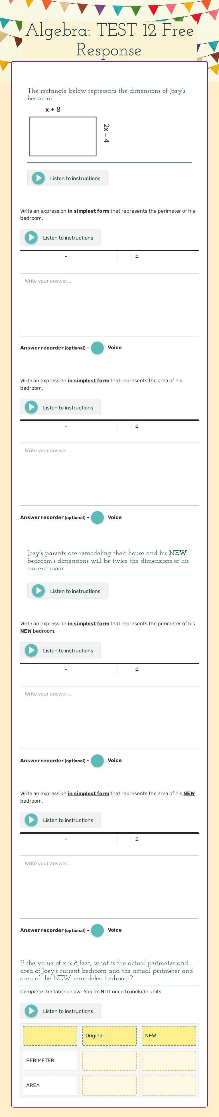 Algebra: TEST 12 Free Response worksheet preview image