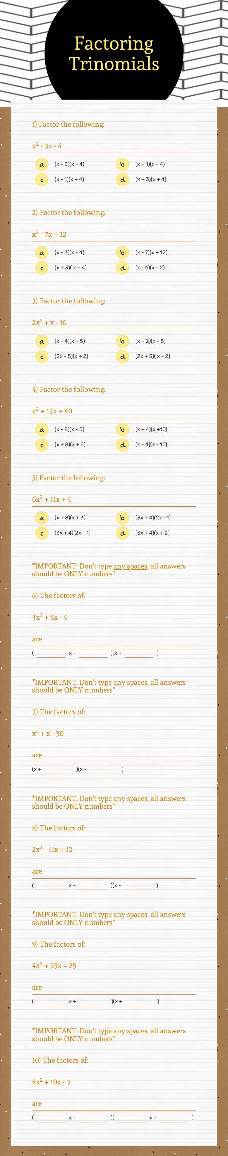Factoring Trinomials worksheet preview image