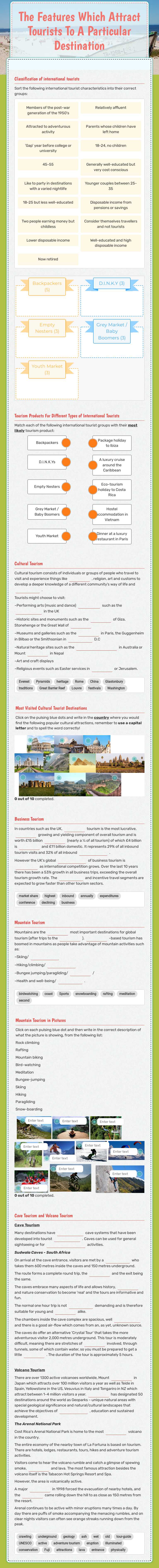 The Features Which Attract Tourists To A Particular Destination worksheet preview image