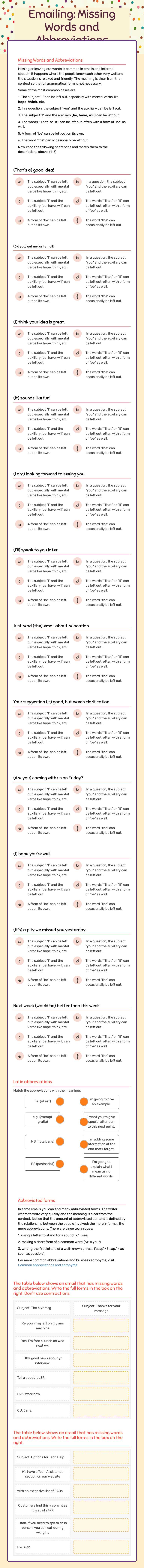 Emailing: Missing Words and Abbreviations worksheet preview image