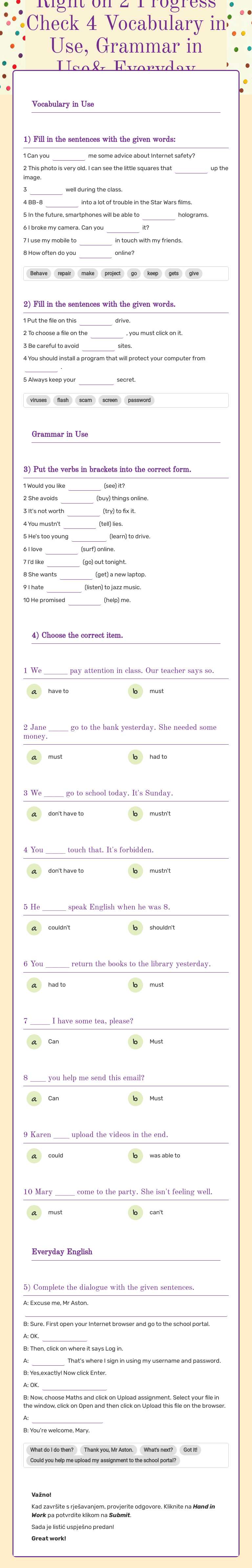 Right on 2 Progress Check 4 Vocabulary in Use, Grammar in Use& Everyday English worksheet preview image