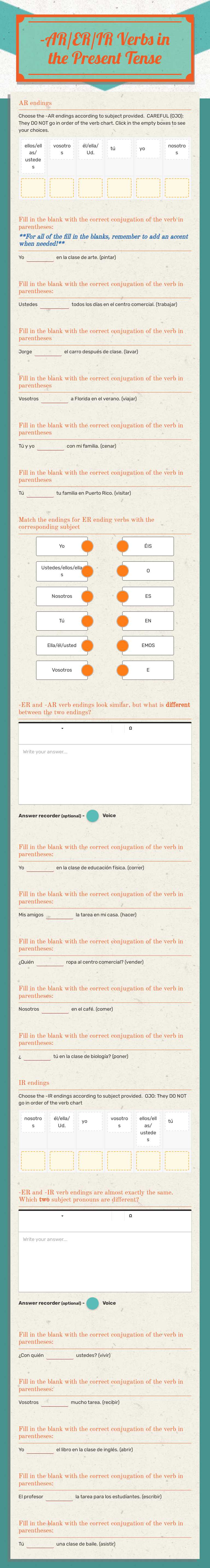 -AR/ER/IR Verbs in the Present Tense worksheet preview image