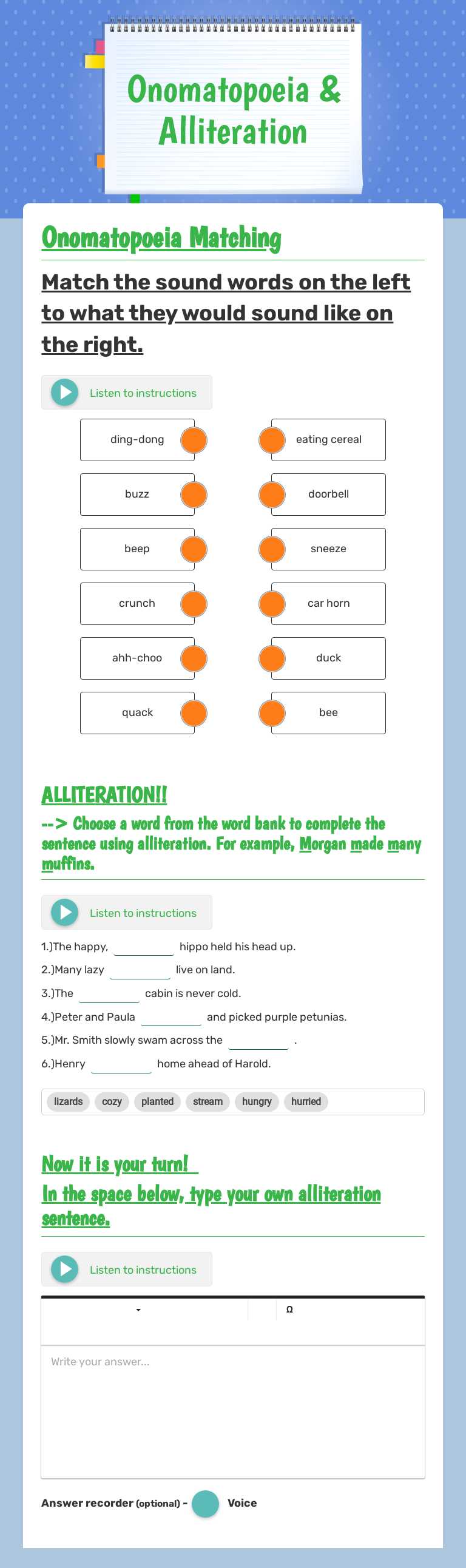 Onomatopoeia & Alliteration worksheet preview image