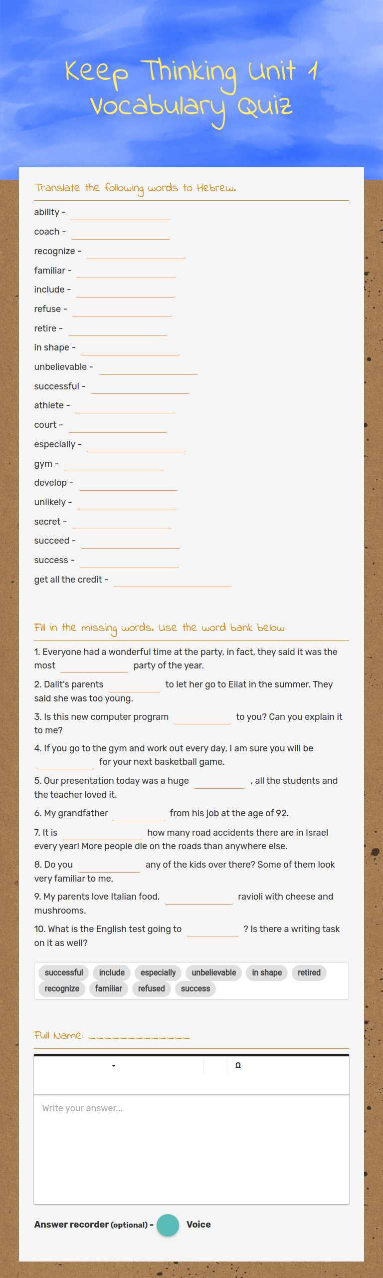 Keep Thinking Unit 1
Vocabulary Quiz worksheet preview image
