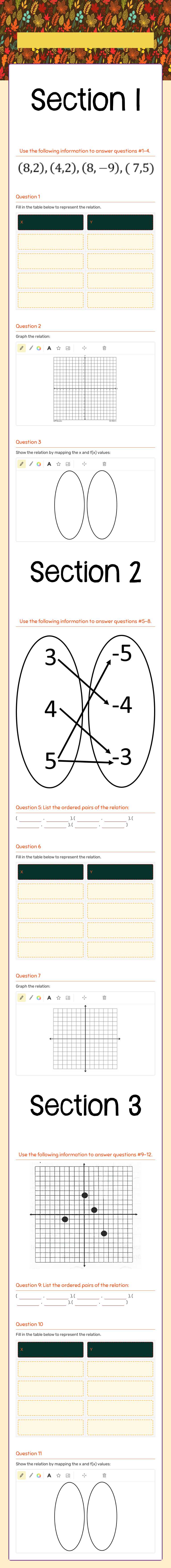 Relations and Functions Grade 9 worksheet preview
