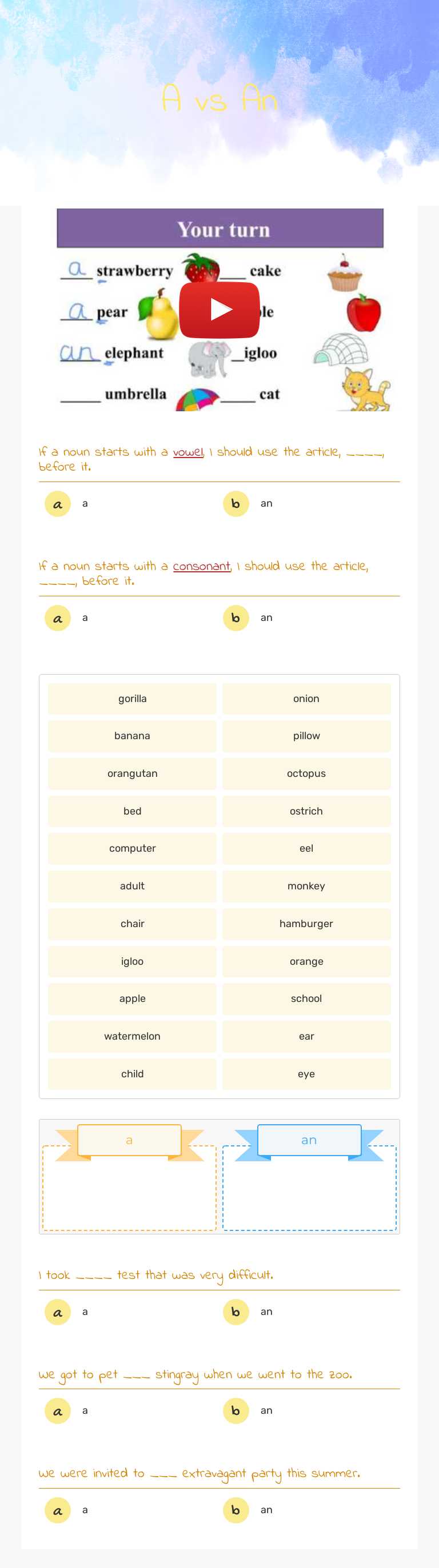 A vs An worksheet preview image
