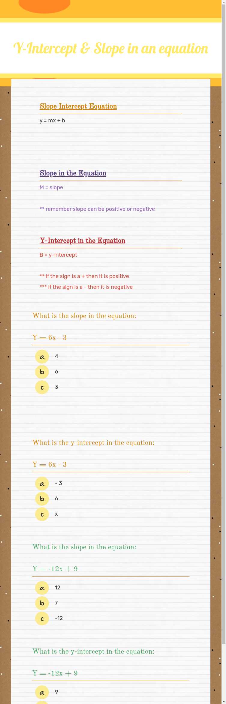 Y-Intercept & Slope 
in an equation worksheet preview image
