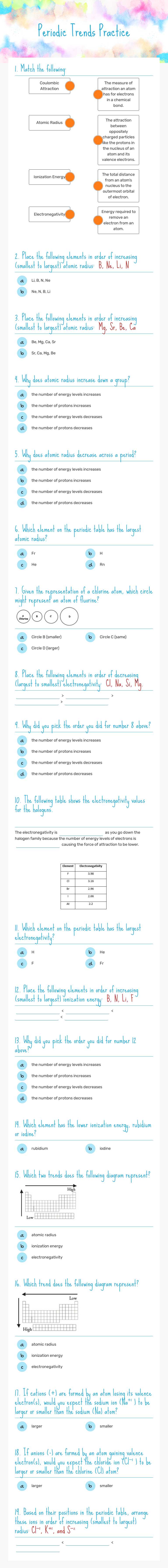 Periodic Trends Practice worksheet preview image