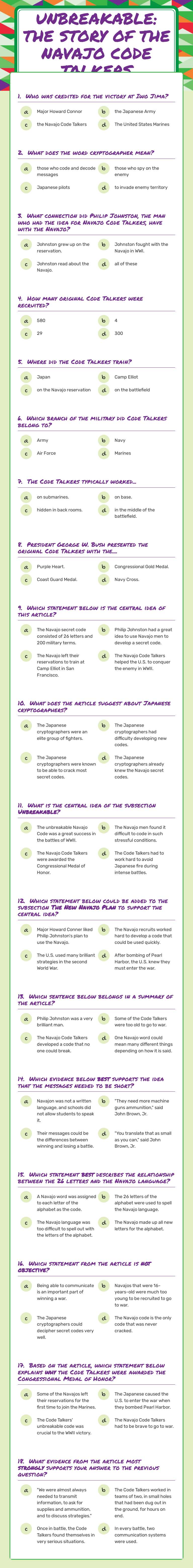 Unbreakable:  
The 
Story of the Navajo Code
Talkers Grade 6 worksheet preview