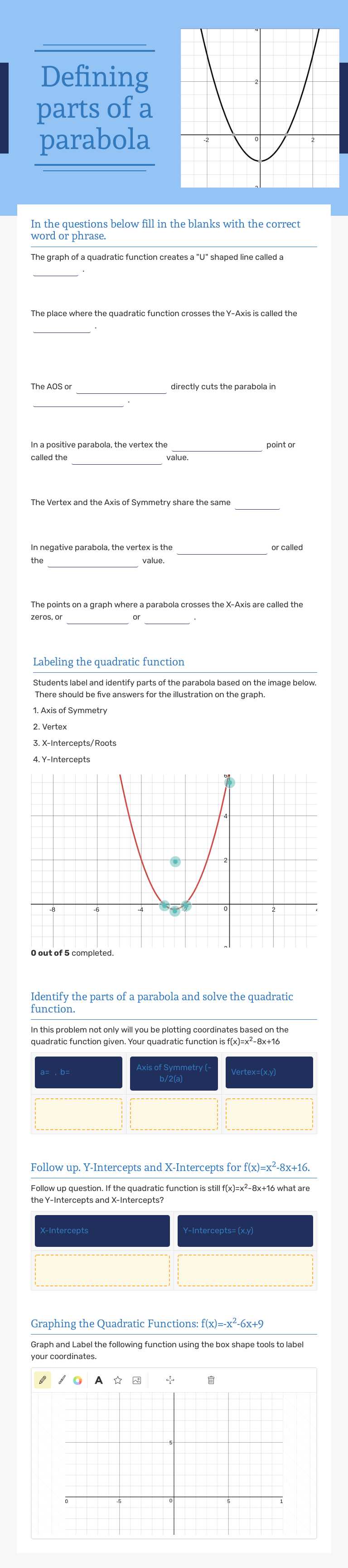 Defining parts of a parabola worksheet preview image