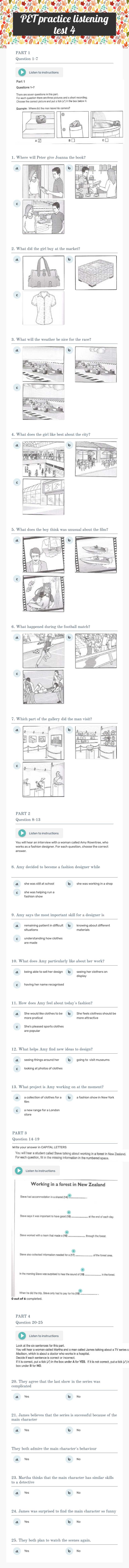 PET practice listening test 4 worksheet preview image