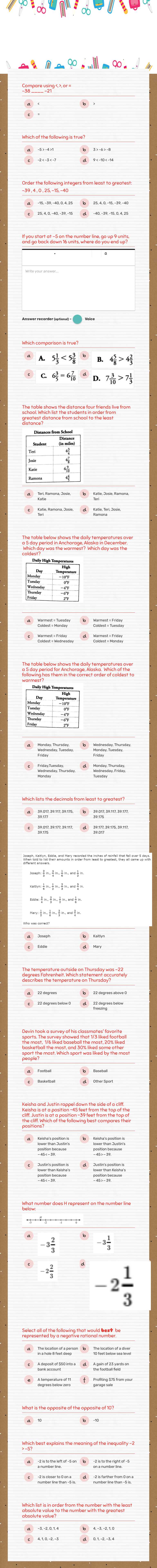 Compare/Order rational numbers, absolute value & Opposites worksheet preview image