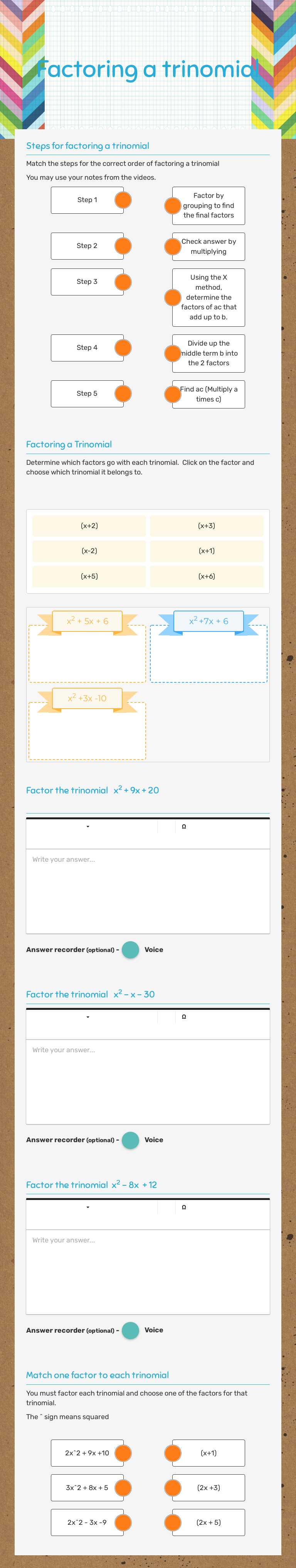 Factoring a trinomial worksheet preview image