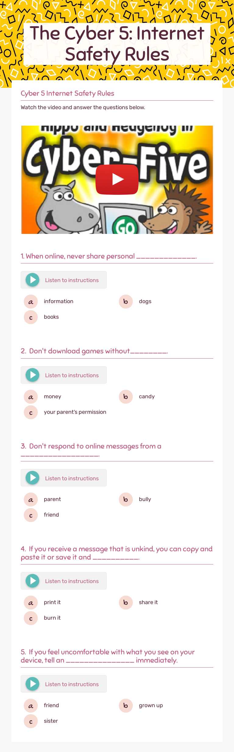 The Cyber 5:  Internet Safety Rules worksheet preview image