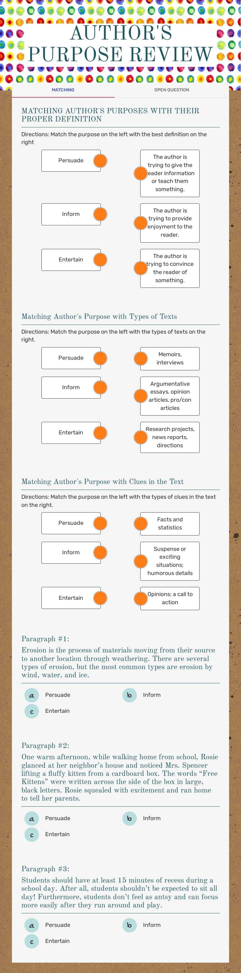 AUTHOR'S PURPOSE REVIEW worksheet preview image