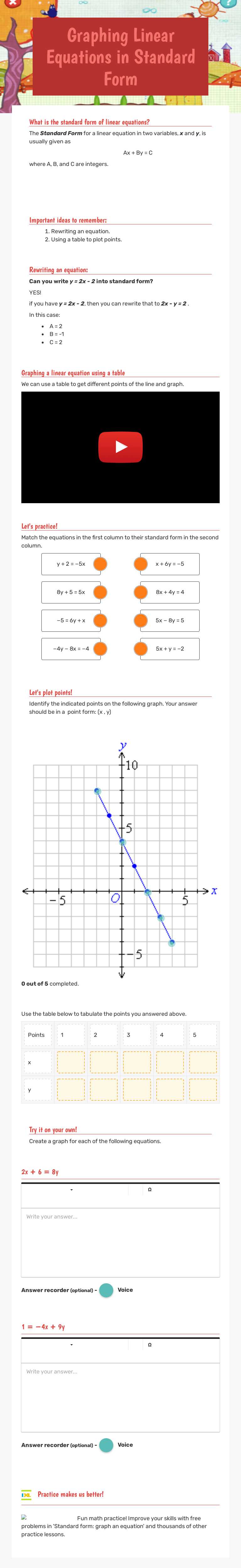 Graphing Linear Equations in          Standard Form worksheet preview image