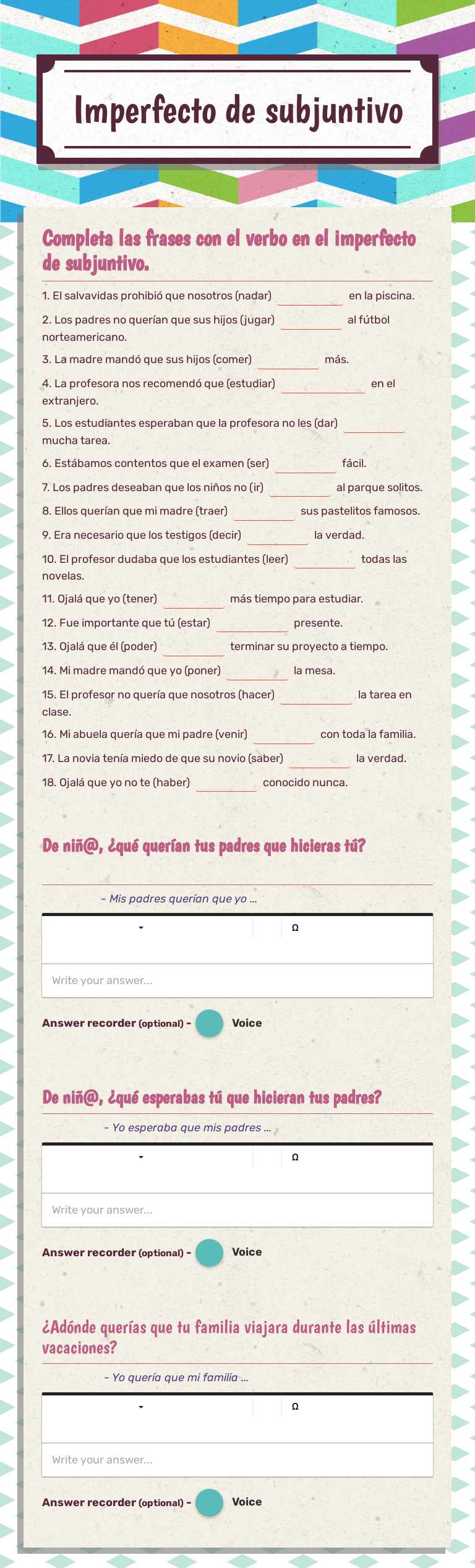 Imperfecto de subjuntivo worksheet preview image