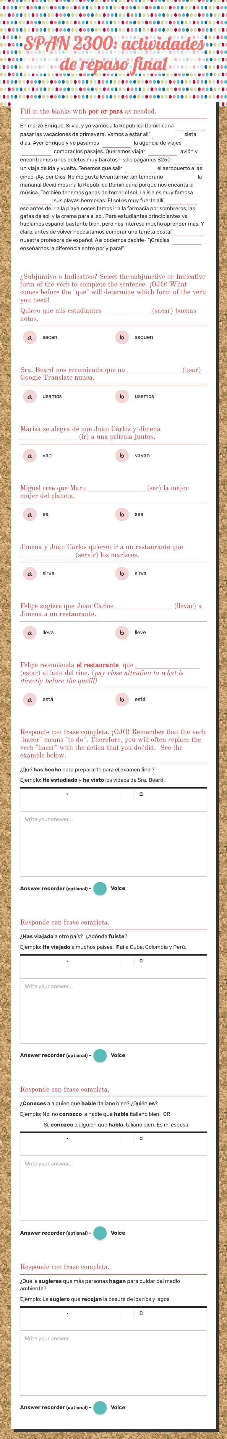 SPAN 2300: actividades de repaso final worksheet preview image