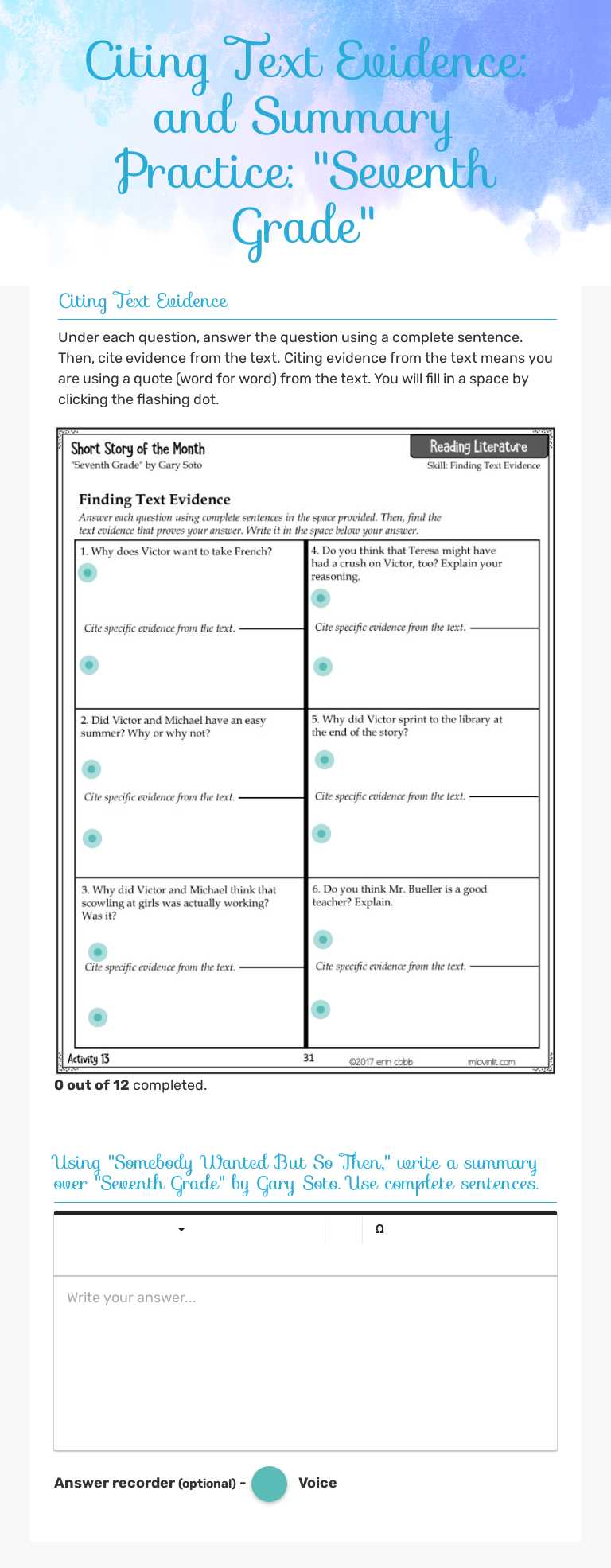 Citing Text Evidence: and Summary Practice: "Seventh Grade" worksheet preview image