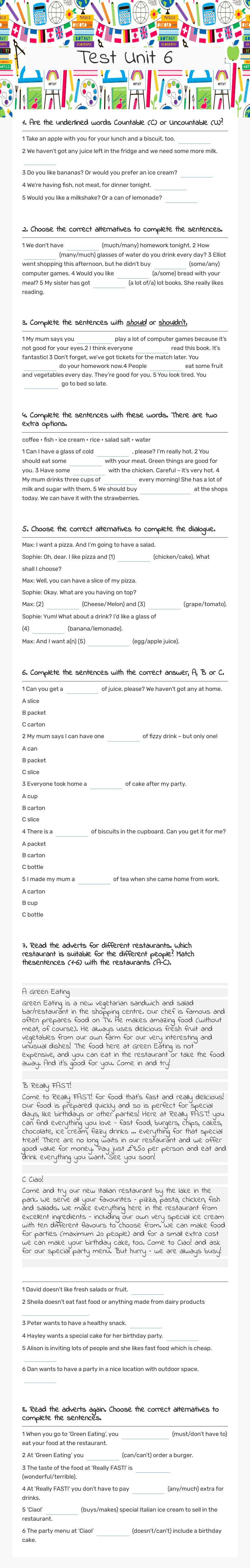 Test Unit 6 worksheet preview image