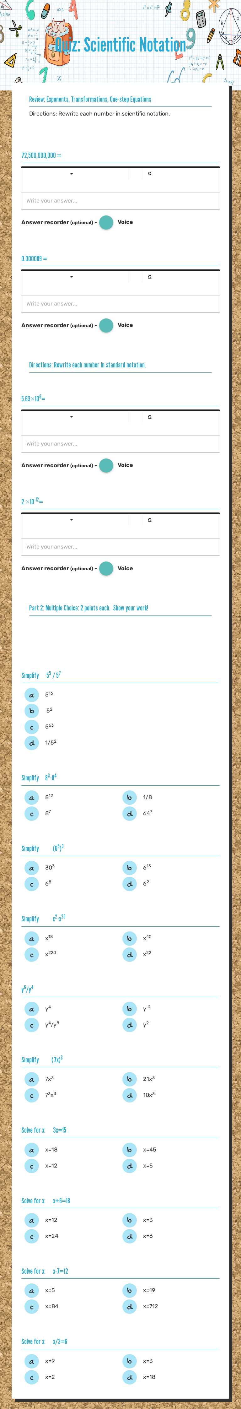 Quiz: Scientific Notation worksheet preview image
