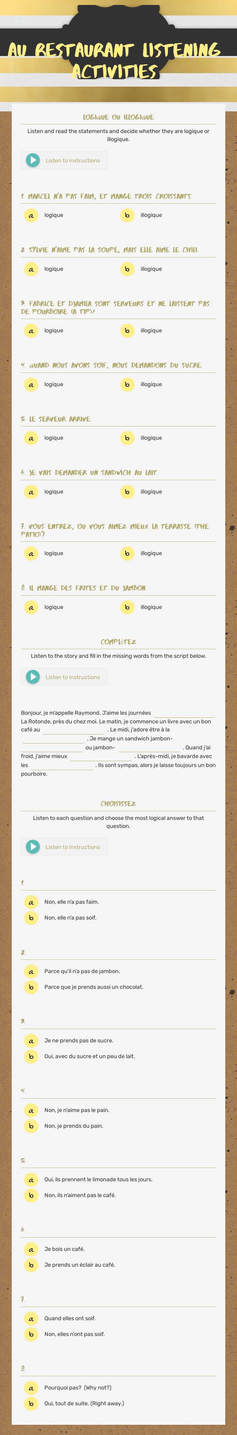 Au restaurant Listening activities worksheet preview image