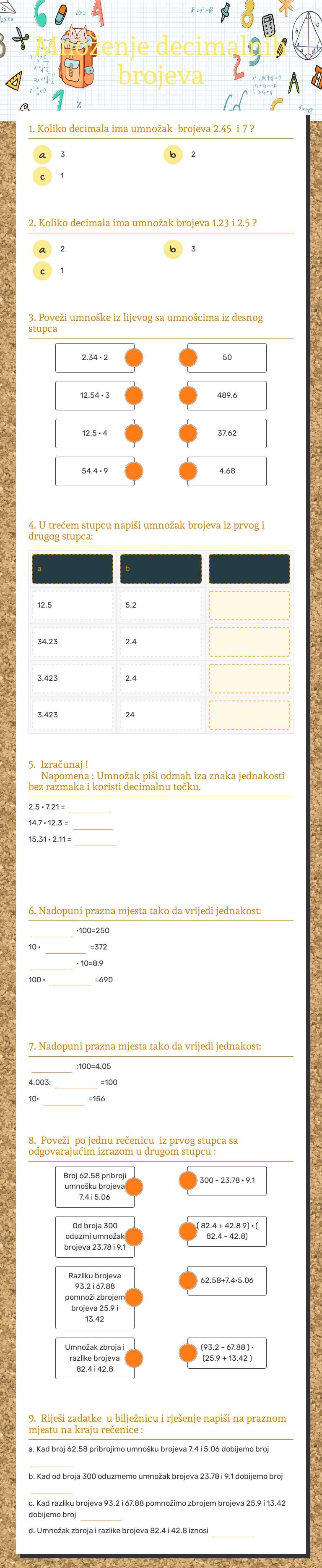 Množenje decimalnih brojeva worksheet preview image