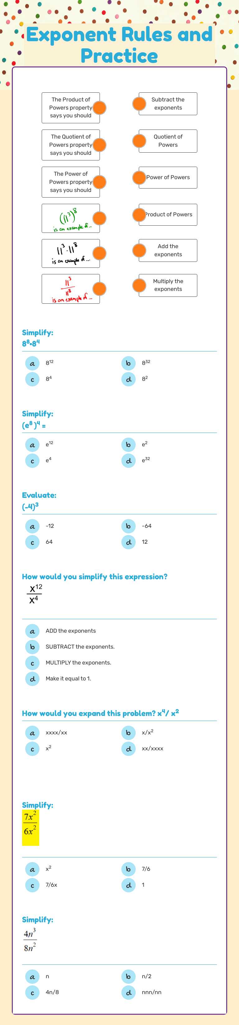 Exponent Rules     
and Practice worksheet preview image