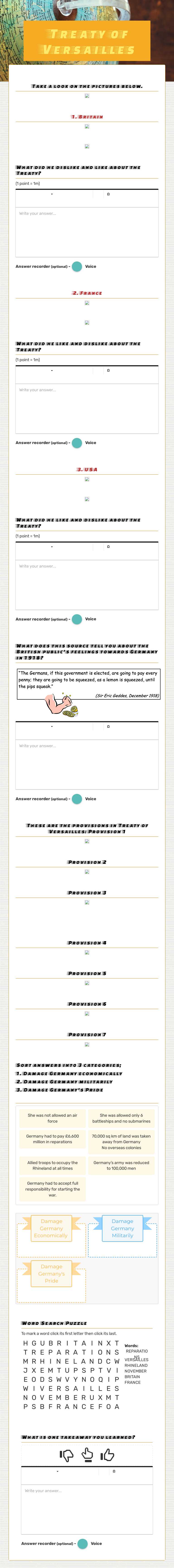 Treaty of Versailles worksheet preview image
