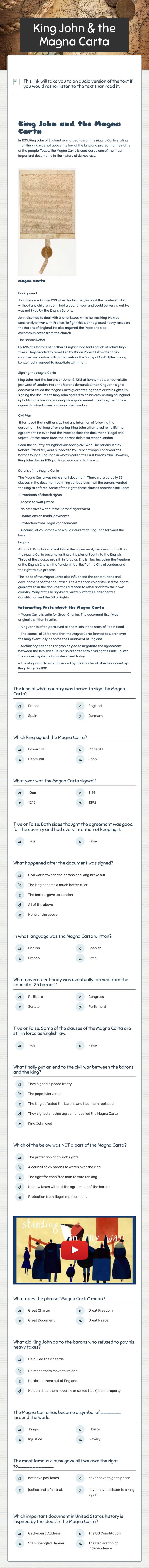 King John & the Magna Carta worksheet preview image