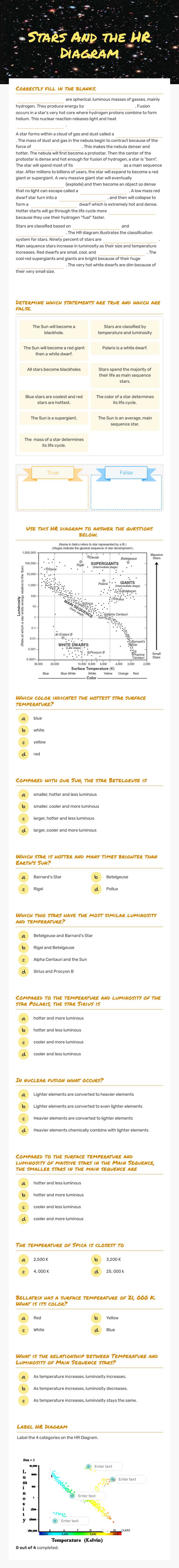 Stars And the HR Diagram worksheet preview image